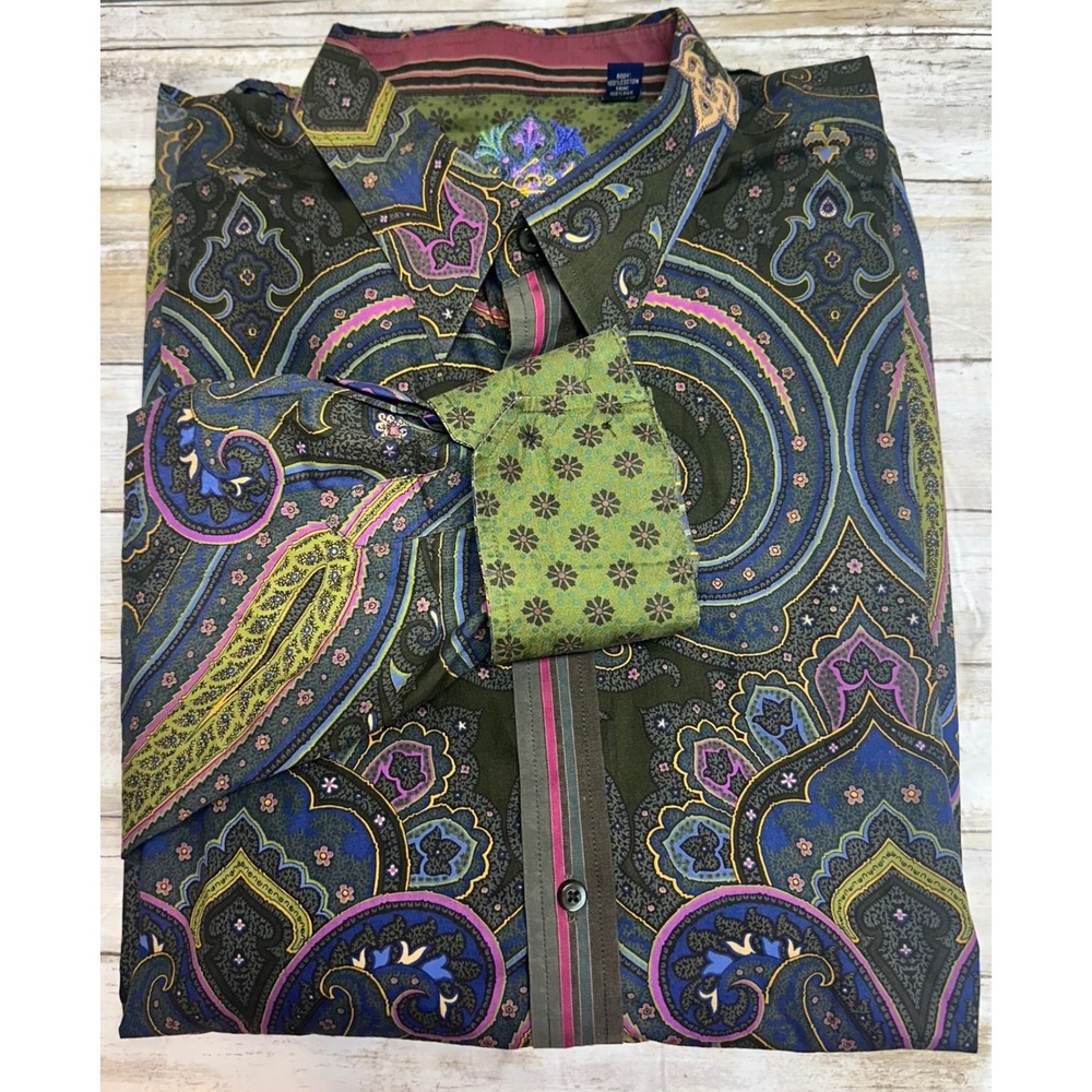 Robert Graham Mens 3XL Paisley Button Down Shirt Cotton, Silk Trim oliveâ green